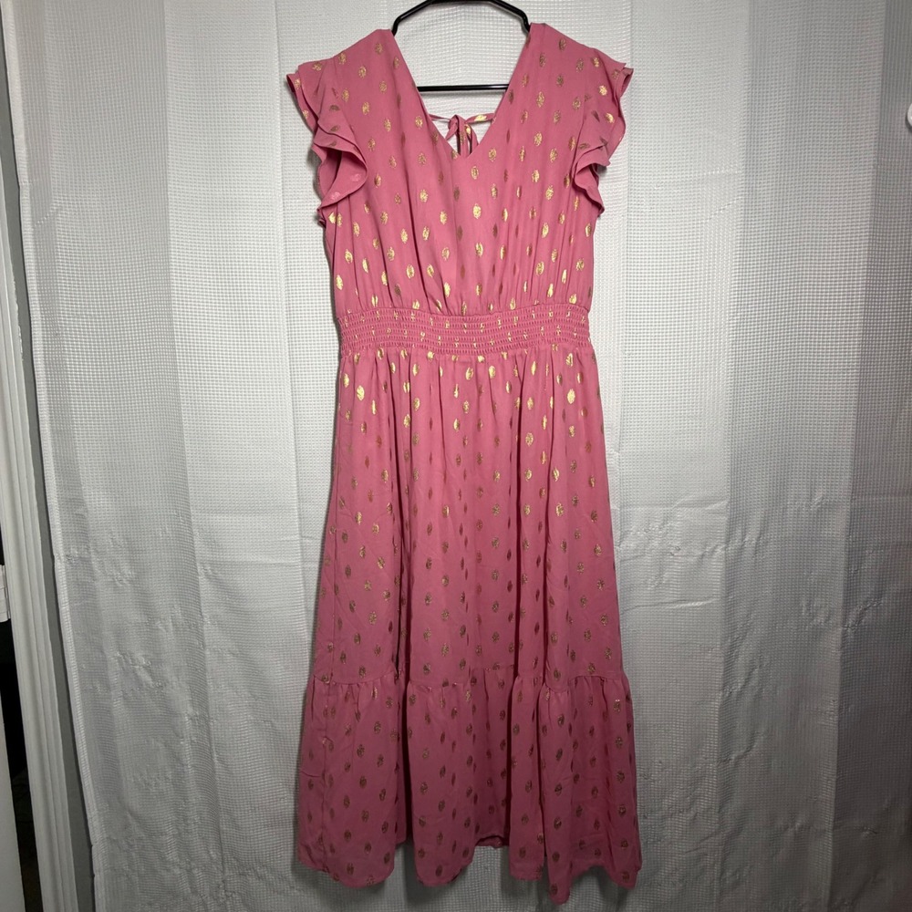 Grace Karin Midi Dress Large Pink Gold Metallic Foil Polka‎ Dot Ruffle Sleeve
